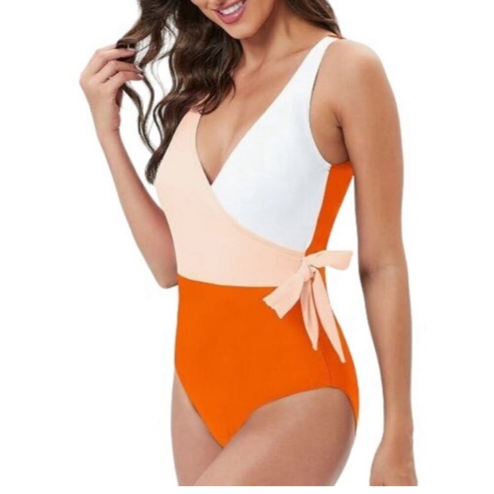 NWT CUPSHE Women's One Piece Swimsuit Wrap Color Block Tie Side Bathing Suit S/M